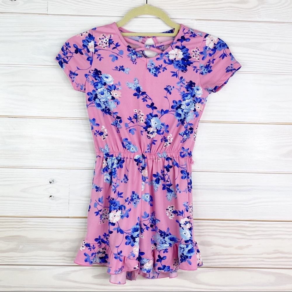 Nordstrom Size M Blue Floral Pink Romper /w Ruffle